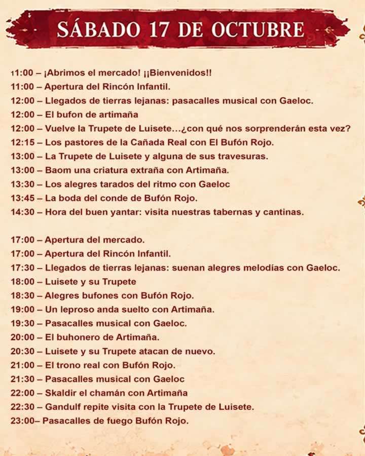 Programación del Mercado Medieval de El Escorial 2026 (Madrid) 7 Programa medieval de El Escorial 2026 sabado