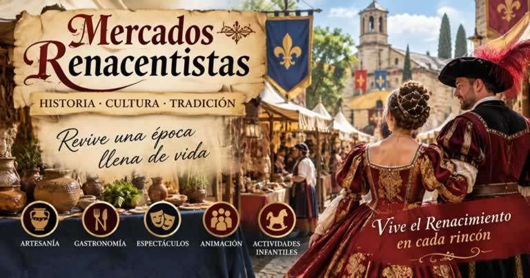 Los Mercados Renacentistas recrean el ambiente de las ciudades y villas de los siglos XV y XVI, con puestos de artesanía, gastronomía