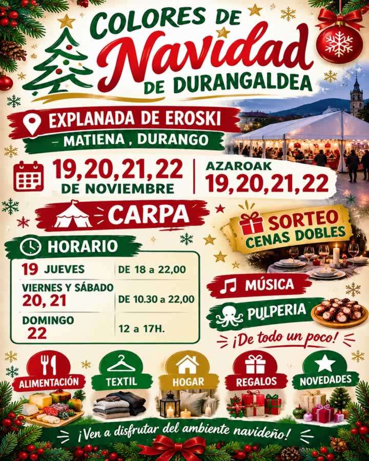 Feria Colores de Navidad del Durangaldea 2026 en la explanada de Eroski de Durango, Bizkaia