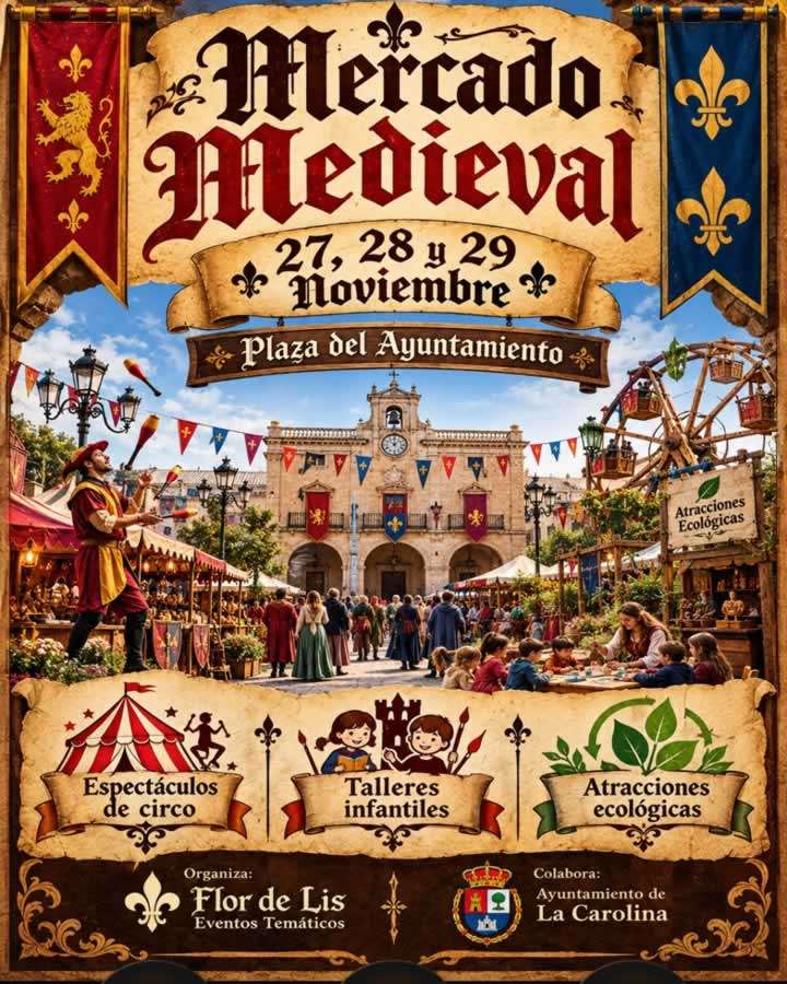 Mercado Medieval de La Carolina 2026 en la plaza del Ayuntamiento, del 27 al 29 de noviembre