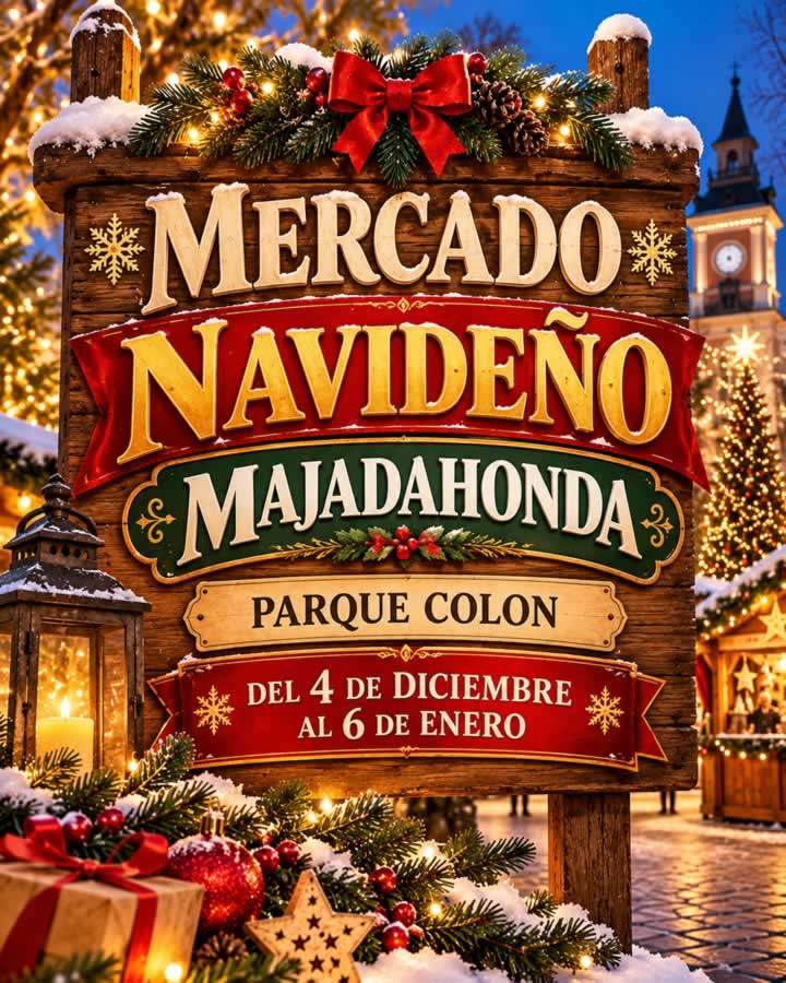 Mercado Navideño de Majadahonda 2026-2027 5 Mercado Navideño de Majadahonda 2026-2027 en el Parque Colón, con casetas de madera, artesanía y atracciones navideñas.