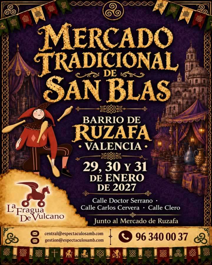 Cartel del Mercado Tradicional de San Blas en Ruzafa, Valencia, del 29 al 31 de enero de 2027.